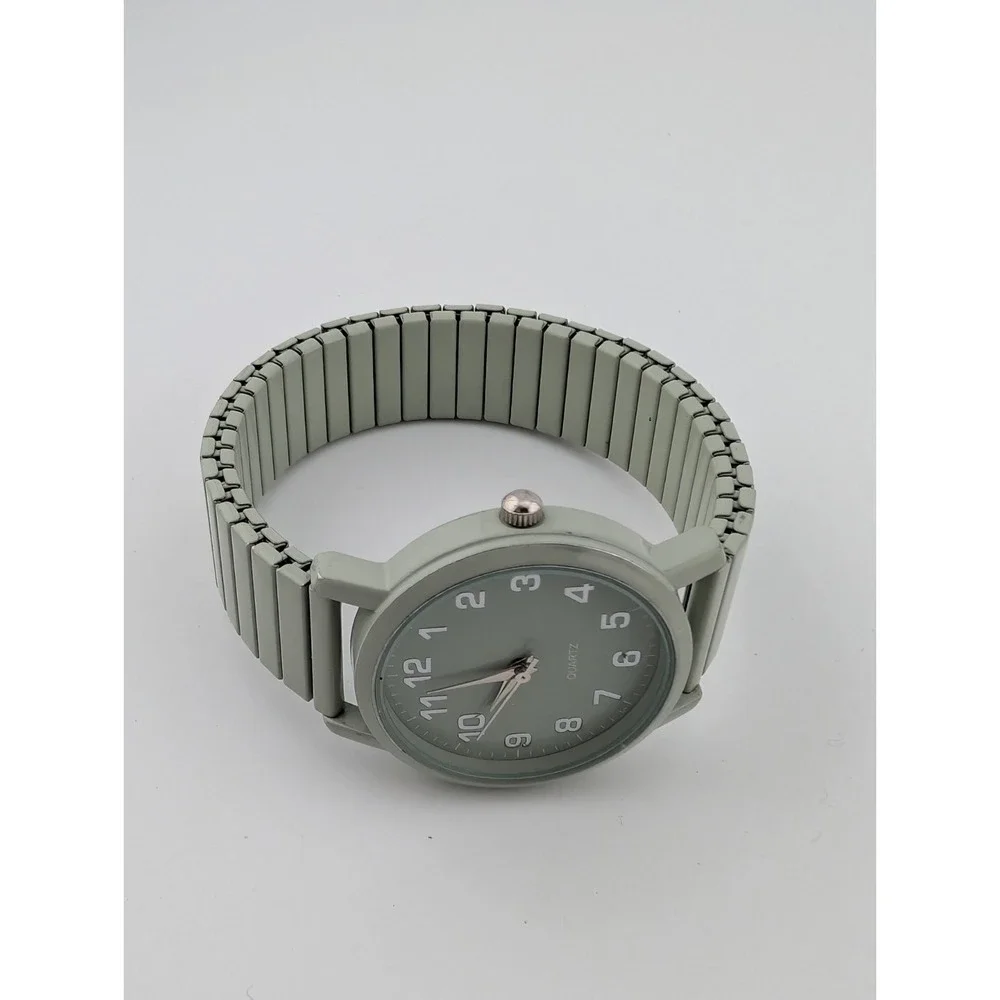 Accutime Watch Women 32mm Case Easy Read Dial Light Green Stretch Band- Working